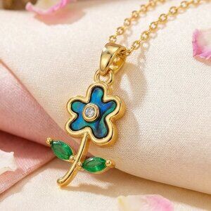 18K Gold Plated Blue Flower Necklace  Abalone Shell & Sparkling Zirconia Pendant